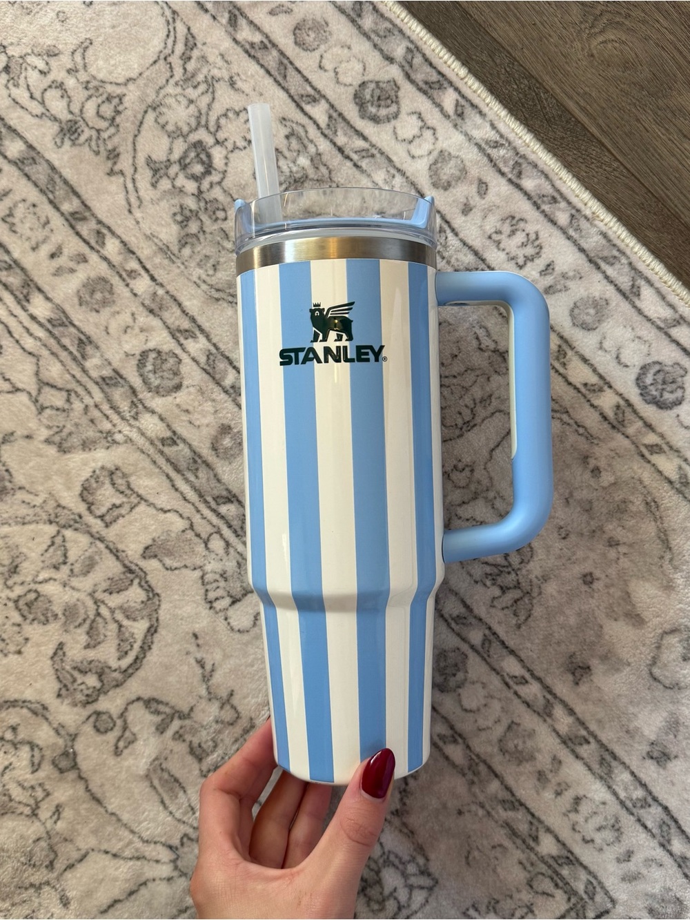 Stanley Blue & White Striped tumbler with Handle 30oz